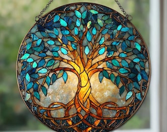 Tree of Life Stained Glass Suncatcher, Celtic Tree Of Life Suncatcher Decor, Wildlife Tree of Life Gift, Memorial Gift Remembrance Gift