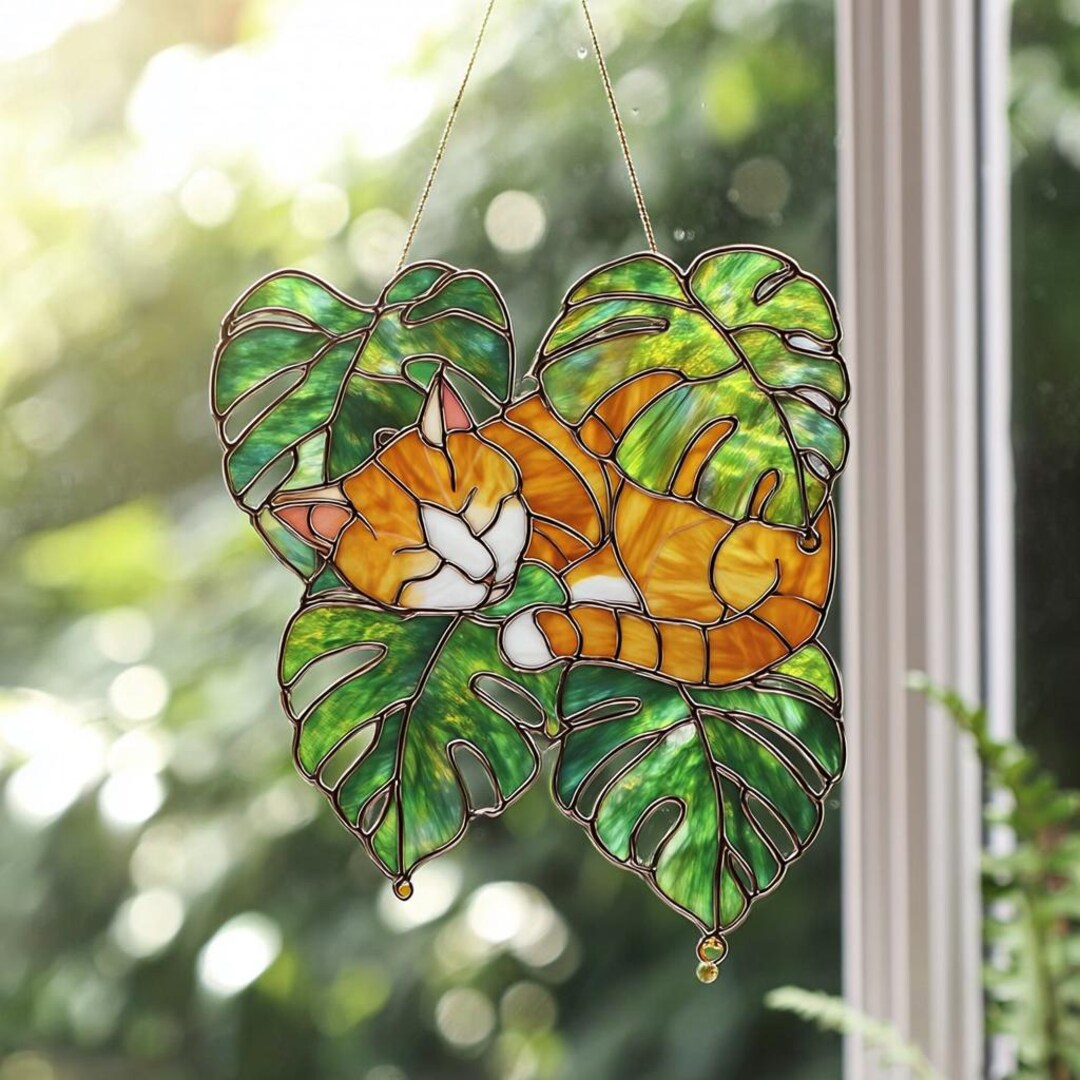 Orange Cat Monstera Suncatcher, Sleeping in Monstera Plant, Hanging ...