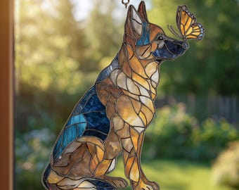 German Shepherd ACRYLIC Suncatcher with Butterfly, Dog Memorial Window Hanging, GSD Lover Gift, Pet Loss Sympathy Art Decor
