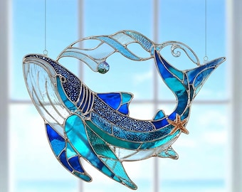 Stained ACRYLIC Whale Shark Ocean Suncatcher, Handmade Whale Shark, Ocean Lover Unique Gifts, Iridescent Coastal Window Hanging
