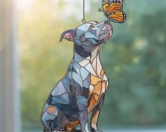 Pitbull Suncatcher ACRYLIC, Dog Lover Window Hanging, Butterfly Dog Decor, Pet Memorial Gift, Pitbull Mom Gift, Animal Lover Decor