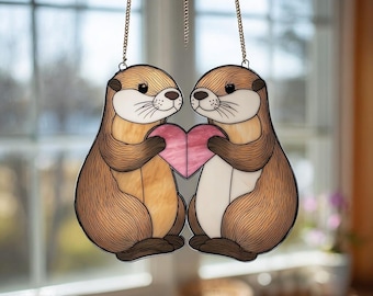 Otterpaar Suncatcher, schattig ottervenster hangend otterliefhebber cadeau, decor dieren in het wild, decor stel, jubileumcadeau, valentijnscadeaus, geen glas