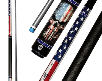 Preorder Punisher Patriot Carbon Fiber Pool Cue - Distressed Flag & Tactical Skull Art Stick
