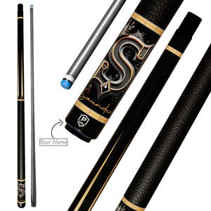 May include: A black pool cue featuring a textured grip, a silver and gold ornate letter S, and the name Saunders printed in script. The cue includes a blue tip, a white ferrule, and a logo with the letter P inside a shield shape. Text reads Your Name.
