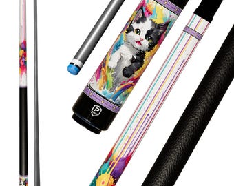 Color Splash Kitten Carbon Fiber Pool Cue: Pop Art Cat Design, Low Deflection Gift