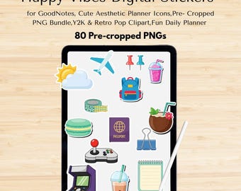 May include: A digital tablet displaying colorful digital stickers. The stickers include a sun, airplane, backpack, passport, and a variety of food and drink items. The text at the top reads "Happy Vibes Digital Stickers".