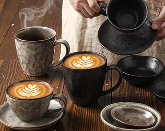 Personalized Retro Stoneware Coffee Cup and Saucer, Handmade Ceramic Mug