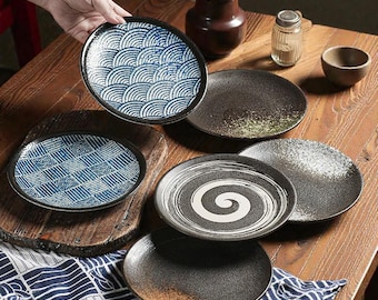 Handmade Japanese Stoneware Plate Set: Blue Pattern Ceramic Dinnerware