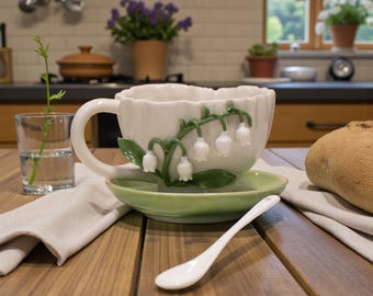 Taza de té y platillo de lirio de los valles, juego de té de cerámica floral estilo cottagecore