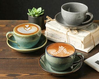Handmade Stoneware Coffee Cup and Saucer Set - Rustic Latte Mug
