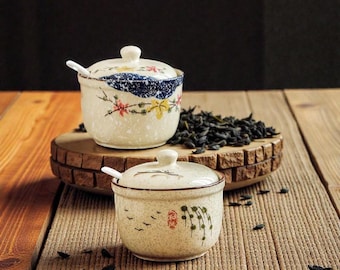 Ceramic Kitchen Spice Jar with Lid and Spoon, Modern Salt Container