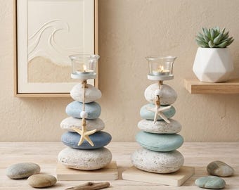 Coastal Starfish Candle Holder Stone Cairn Beach House Decor Nautical Tabletop Centerpiece Organic Modern Zen Gift Ocean Inspired Decor