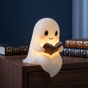 Schattige kleine geest zittend op een plank en leest een boek met led-verlichting, cadeau voor boekenliefhebber, gezellig huisornament