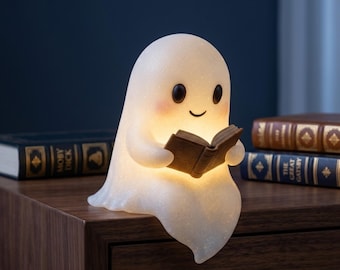 Cute Little Ghost Sitting on a Shelf Reading a Book with LED Light, Book Lover Gift, Cozy Home Ornament