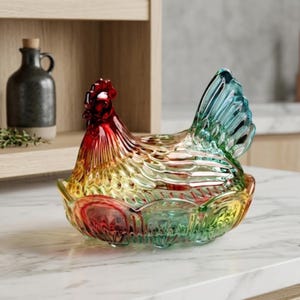 May include: A colorful glass hen-shaped dish with a lid. The hen is a mix of red, yellow, and green hues. The dish is sitting on a marble surface. The hen's comb is red, and the tail feathers are blue and green.