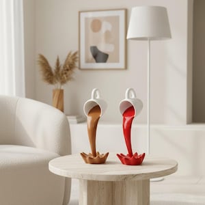 Floating Coffee Cup Sculpture: Modern Home Decor, Whimsical Spilt Mug Art, Gravity Defying Coffee Bar Accessorize, Unique Coffee Lover Gift