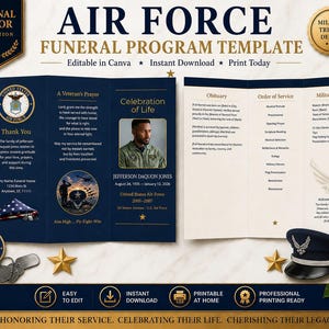 May include: A tri-fold Air Force funeral program template in navy blue and cream with gold text. The design features the Air Force emblem, a photo placeholder, A Veteran's Prayer, obituary sections, and the text Air Force Funeral Program Template.