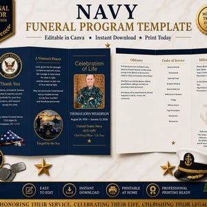 May include: A tri-fold Navy funeral program template featuring a dark blue color scheme with gold text and accents. The design includes sections for an obituary, order of service, military honors, and a photo placeholder for a veteran.