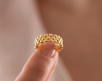 Kedjelänksring – 925 sterlingsilver med djärv stapelring, smycken som present, pläterat i 14K guld eller roséguld