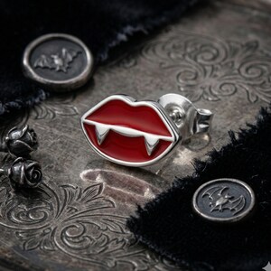 Vampire Lip Stud Earrings, Sterling Silver Fang Jewelry, Gothic Dark Romance