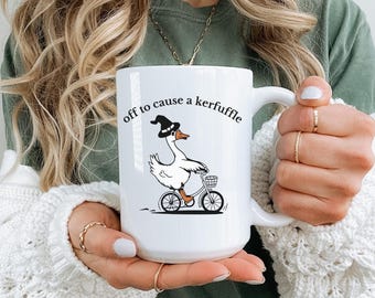 Off To Cause A Kerfuffle Mug, Funny Goose Bicycle Cup Silly Animal Mental Health Gift Adult Humor Sarcastic Mug