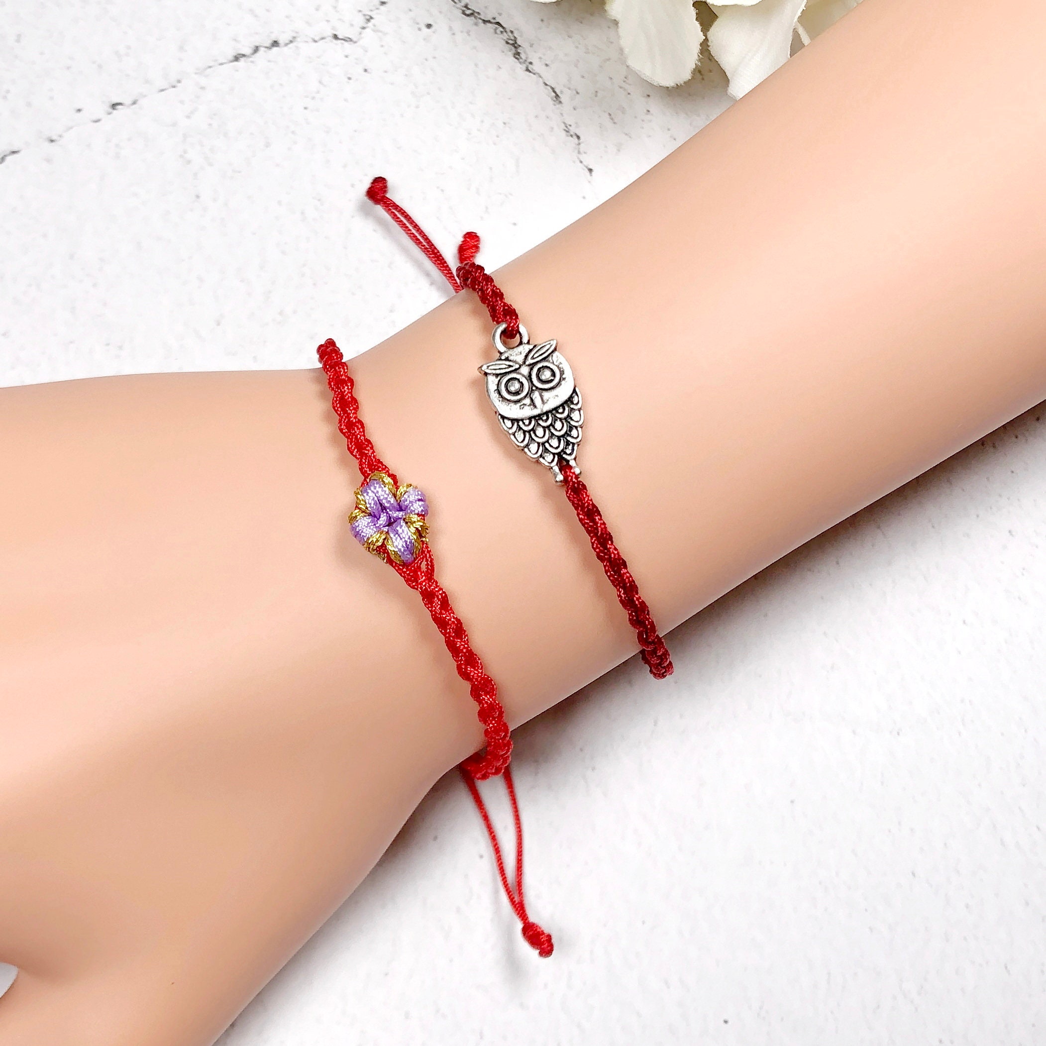 GIFT SET - Silver owl string bracelet, Peach blossom bracelet, red string bracelet, gifts for her (T
