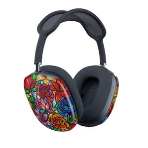 AirPods Max Hülle Abdeckung | Stained Glass Floral, Vintage Rose, Lila Stiefmütterchen, Neon Skull Kopfhörer Schutz | Ästhetisches botanisches Geschenk