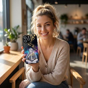 May include: Black phone case featuring a colorful anime-style illustration of a seated figure holding a glowing object. The case has a black border with gold star accents. The background is a dark blue and purple gradient.
