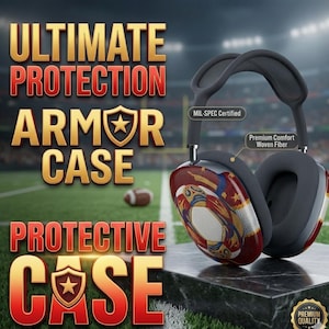 May include: Over-ear headphones featuring a dark gray headband and ear cups with a red, blue, and gold graphic pattern. Text labels indicate MIL-SPEC Certified and Premium Comfort Woven Fiber. The background displays a football stadium.