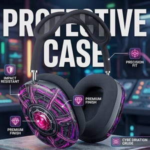 Op de afbeelding: Een beschermhoes voor over-ear hoofdtelefoons met een donkerpaars en zwart cybernetisch circuitpatroon en een centraal ontwerp van een gloeiende roze edelsteen. De tekst PROTECTIVE CASE is zichtbaar, samen met labels voor impact resistant, precision fit en premium finish.