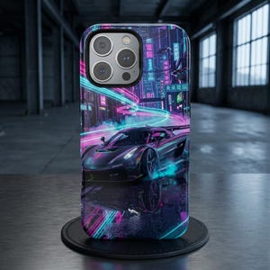 iPhone 17-X、Samsung S26-S21、Google Pixel 9-8 用ネオンサイバーパンクケース | スーパーカータフカバー、シンセウェーブ美学、ヴェイパーウェイブ、レトロフューチャーギフト