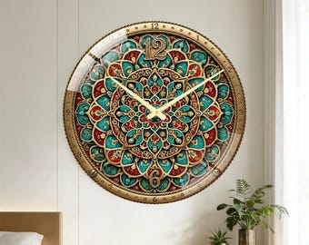oyal Mandala Wall Clock, Turquoise Gold Wall Decor, Elegant New Home Gift