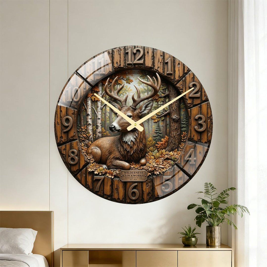 Tempered Glass Deer Wall Clock – Rustic Autumn Forest Hunting Cabin Art ...