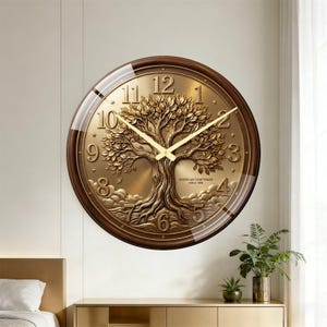 May include: A round wall clock with a dark wood frame and a metallic gold face featuring a raised relief of a tree with roots and branches. The clock has gold hands and gold numerals from 1 to 12, with the text American Craftsman Since 1898.