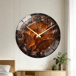 Abstract Caramel Crystal Wall Clock with Retro Metal Frame, Living Room Decor Gift