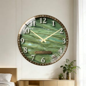 Väggklocka i mässing, Jade Water Ripple Green Agat Heminredning, Flyttpresent