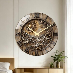 Bronze Relief Glass Wall Clock, Wave and Grapevine Home Decor, Gift for Friends