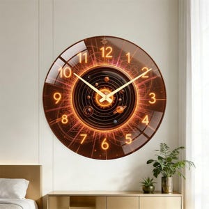 May include: A round wall clock featuring a dark brown face with a glowing orange solar system illustration at the center. The clock has gold-colored hour and minute hands, and large, illuminated orange numbers from one to twelve around the edge.
