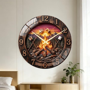 May include: Round wall clock with a campfire scene. The clock face features a campfire with flames, logs, and marshmallows. The clock has a wooden frame with large, raised numbers and the text "Campfire Chronicles Est. 2024".