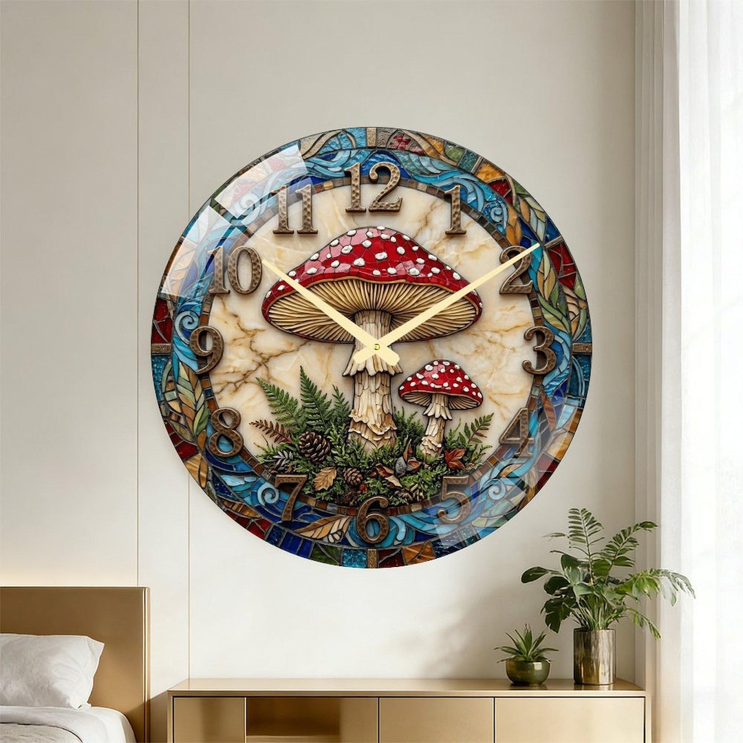 Mushroom Glass Wall Clock, Rustic Art Morandi Color Home Decor, Gift ...