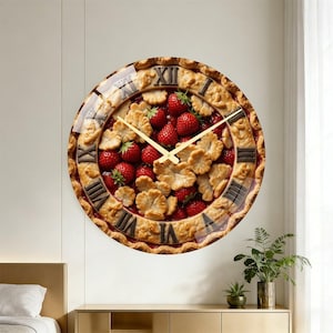 Puede incluir: Reloj de pared redondo con diseño de tarta de fresas. La esfera del reloj muestra una imagen realista de una tarta con fresas frescas y corteza decorativa. Los números romanos marcan las horas, y las manecillas son doradas.