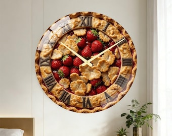 trawberry Rhubarb Pie Clock, Rustic Style Beauty, Food Art Decorative Item, Baker's Gift