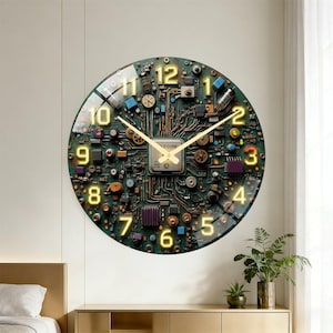 May include: A circular wall clock featuring a dark green circuit board background with intricate copper pathways, various electronic components, and glowing yellow numbers from 1 to 12. The clock has two thin, gold-colored hands at the center.