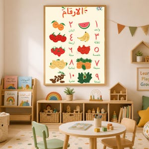 May include: A rectangular educational wall poster featuring Arabic numerals from one to ten, each paired with a corresponding colorful illustration of fruit and the written Arabic word for the number, all set against a light cream background.