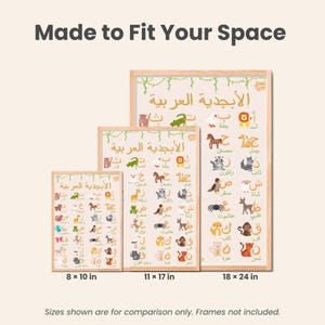 May include: Three educational posters featuring the Arabic alphabet with colorful animal illustrations and corresponding Arabic text. The posters are displayed in three sizes labeled 8 x 10 in, 11 x 17 in, and 18 x 24 in. The text reads Made to Fit Your Space.