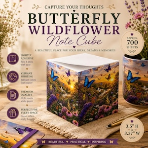 Butterfly Wildflower Note Cube I Floral Sticky Note Cube I Butterfly Desk Notes I Botanical Memo Pad I Nature Office Desk Accessory