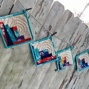 Hand-Quilted Pot Holder, Modern Table Trivet, Androsia Batik, Organic Cotton, Pure Linen Hot Plate, Mini Art Quilt #129