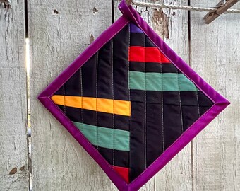 Quilted Pot Holder, Modern Table Trivet, Mini Art Quilt #110