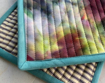 Quilted Pot Holder, Modern Table Trivet, Hand-Dyed, Organic Cotton, Hot Pad, Ice Dyed #076