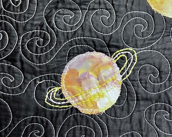 Moon Quilt, Planetary Fiber Art Quilt, Organic Cotton Quilt with Faux Rabbit Fur Backing #101